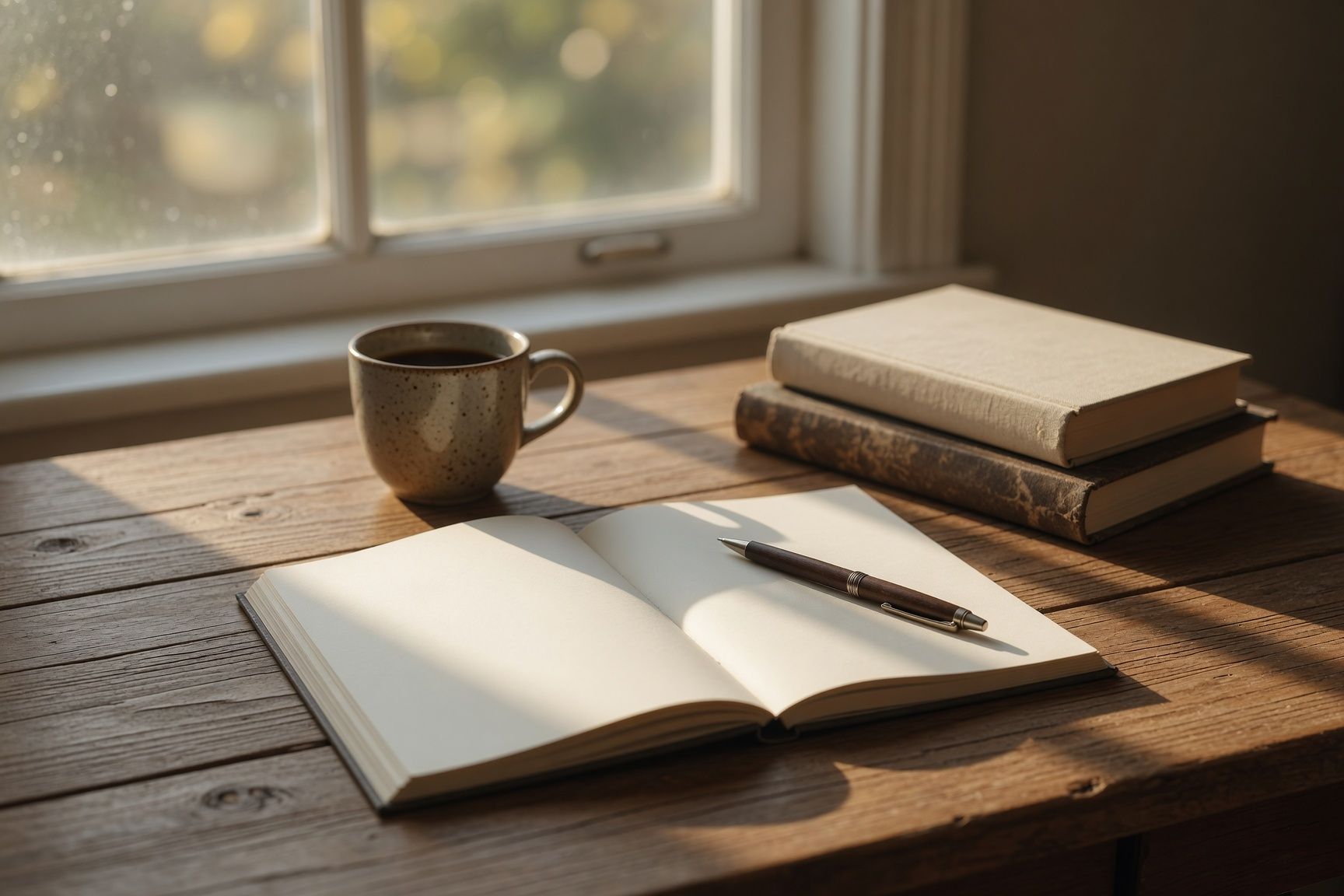 Ein aufgeschlagenes, leeres Notizbuch mit Stift, eine Tasse und zwei Bücher auf einem sonnigen Holztisch.