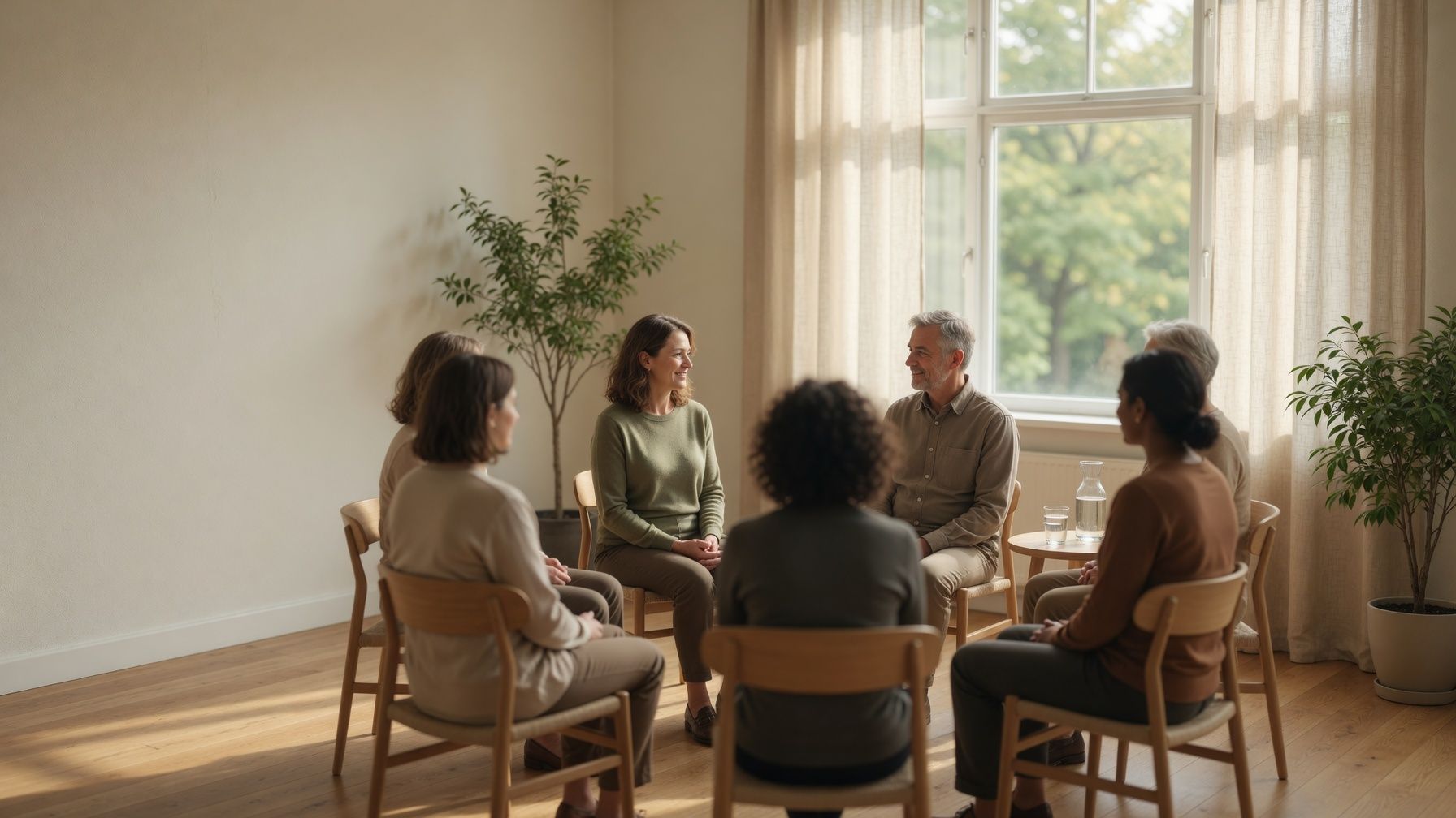 Sechs Menschen sitzen im Stuhlkreis in einem hellen Raum und sprechen miteinander.